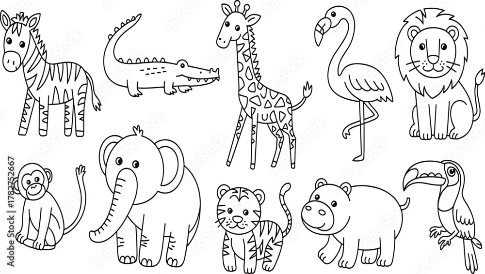 Naklejka premium WebCartoon animal outlines, zebra, crocodile, giraffe, flamingo, lion, monkey, elephant, tiger, toucan, hippo, coloring page, kids activity, educational drawing, animal set, jungle theme