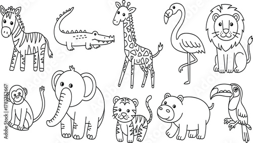 WebCartoon animal outlines, zebra, crocodile, giraffe, flamingo, lion, monkey, elephant, tiger, toucan, hippo, coloring page, kids activity, educational drawing, animal set, jungle theme