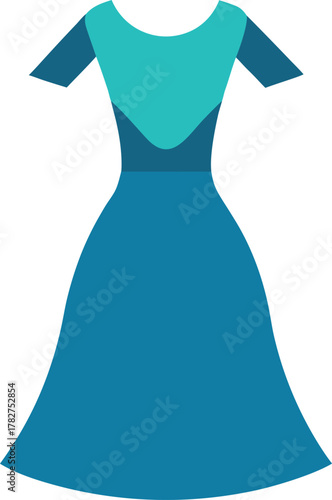 Teal Dress Illustration with Scoop Neckline and Two Tone Flared Skirt Design