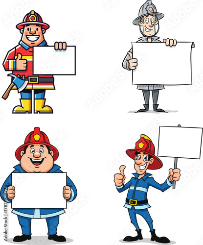 Cartoon firefighters holding blank signs, fire safety characters illustration, emergency service workers, fire department team, rescue staff, firefighting awareness, advertising concept