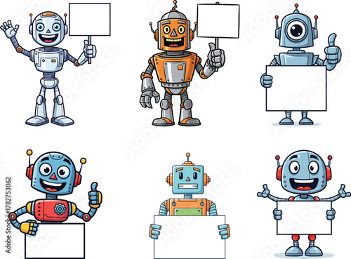 Cartoon robots holding blank signs, futuristic characters illustration, technology concept, AI staff, machine workers, advertising design, educational campaign, creative promotional art
