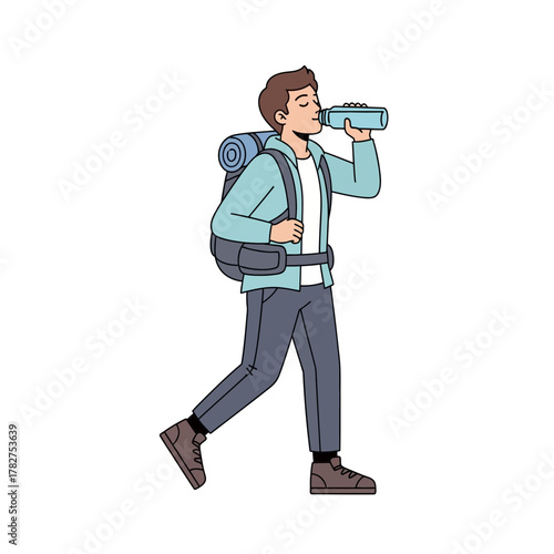 Hiker Drinking Water While Walking Flat Vector Illustration