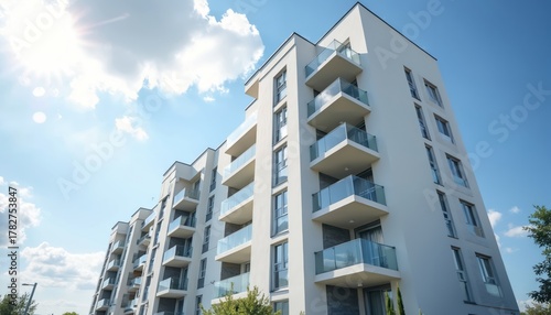 Modern apartment buildings stand tall against bright blue sky with scattered clouds. Buildings feature balconies with glass railings and sleek white facades, offering contemporary urban living space.