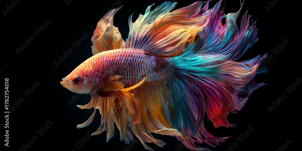 Fototapeta premium Vibrant Betta Fish with Flowing Fins Displaying Stunning Colors on a Black Background