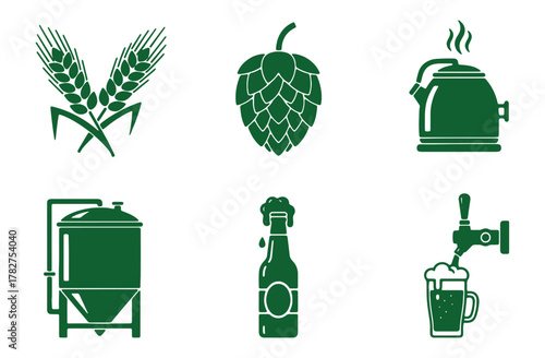 Minimalist green icons set for brewing and beverage production: wheat, hop, kettle, fermenter, bottle, tap — ideal for beer, coffee and tea content.