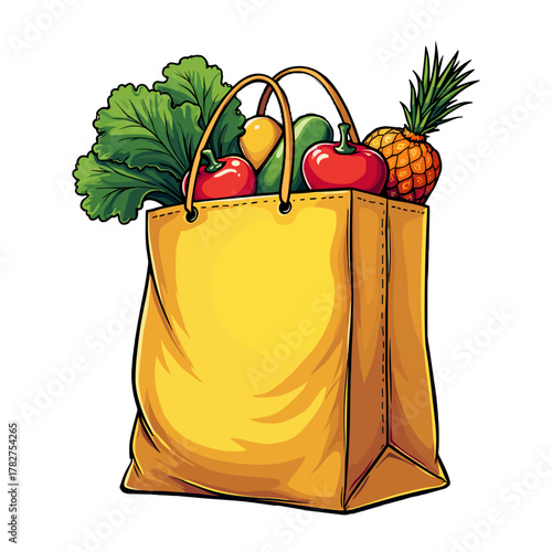 Healthy grocery shopping bag filled with fresh vegetables and fruits on transparent background