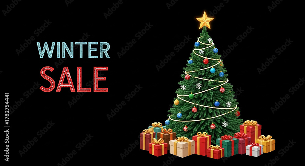 Naklejka premium Winter sale banner with christmas tree and gifts