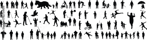 Silhouette people walking, families with children, strollers, bicycles, umbrellas, wheelchairs, sports, dancing, everyday lifestyle, urban community social interaction illustration