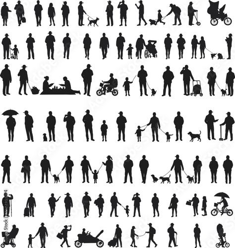 Silhouette people walking, families with children, strollers, umbrellas, dogs, bicycles, everyday lifestyle, community interaction, urban street activity illustration