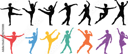 Dancer silhouettes, colorful poses, ballet movement, expressive dance, vector set, performing arts, graceful motion, choreography, stage, celebration, illustration