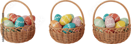 Easter basket vector set, colorful eggs, festive clipart, spring holiday illustration, wicker baskets, zigzag pattern, celebration design asset