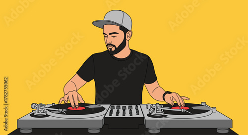 Hip young DJ spinning vinyl records on turntables with cool style and vibrant background, perfect for music events