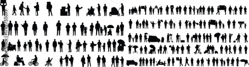 Silhouette people walking, families with children, strollers, wheelchairs, umbrellas, bicycles, animals, carts, everyday lifestyle, urban community social interaction illustration