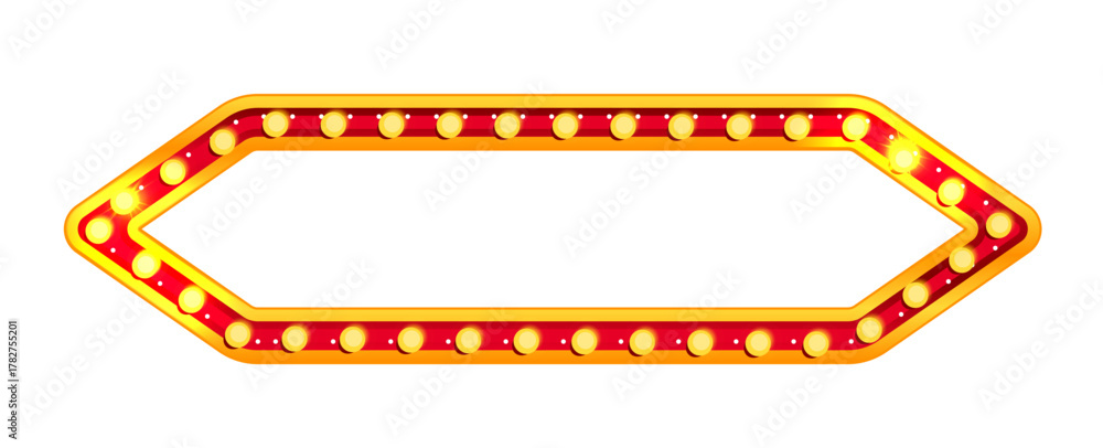 Fototapeta premium Circus rectangle sign. Marquee carnival light frame and vegas casino glow. Retro bulb border in yellow style for concert stage or film festival. Red blank signboard isolated on background.