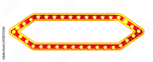 Circus rectangle sign. Marquee carnival light frame and vegas casino glow. Retro bulb border in yellow style for concert stage or film festival. Red blank signboard isolated on background.