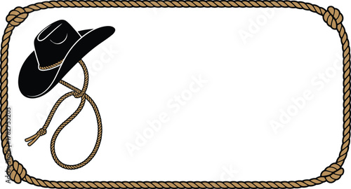 Cowboy hat with rope, western border frame, lasso design, rustic invitation, rodeo theme, country style, blank space, vintage knot corners