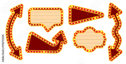 Marquee sign circus rectangle light with carnival frame and casino board glow. Double arrow in retro gold bulb style for vegas quiz show or theater poster. Blank billboard isolated on red background.