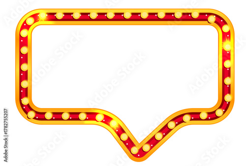 Circus rectangle sign marquee light box with carnival frame and vegas casino entrance. Vintage bulb chat bubble border in yellow gold style for concert stage or film festival. Blank signboard.