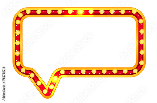 Marquee circus sign rectangle light with carnival frame and casino board glow. Retro cinema bulb speech bubble in gold vintage style for theater show or broadway poster. Blank billboard isolated.