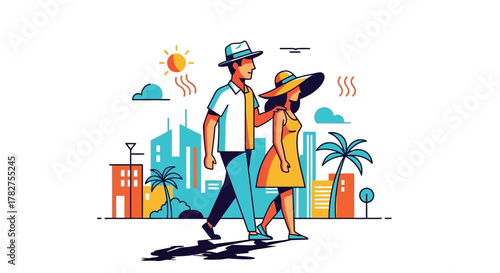 Stylish couple in hats strolling through a modern city on a hot summer day. Flat Vector Illustrations. EPS Editable