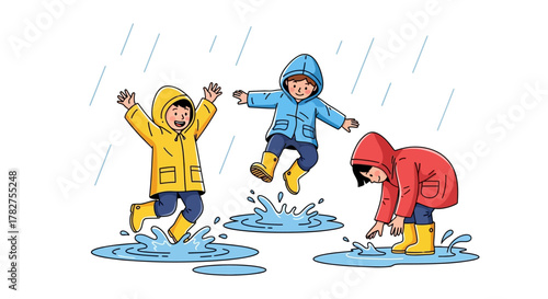 Three happy children in colorful raincoats playing in puddles. Flat Vector Illustrations. EPS Editable