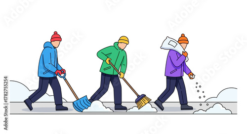 Three men in winter clothes shoveling snow and salting a sidewalk. Flat Vector Illustrations. EPS Editable