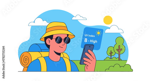 Traveler checking weather forecast on smartphone during outdoor adventure. Flat Vector Illustrations. EPS Editable