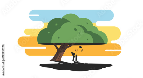 Stylized vector illustration of a person seeking shade under a large tree. Flat Vector Illustrations. EPS Editable