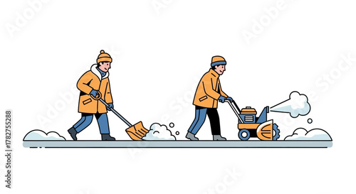 Two men clearing snow from a sidewalk with a shovel and a snow blower. Flat Vector Illustrations. EPS Editable
