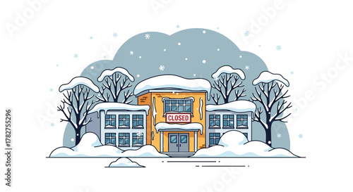 Snowy urban landscape with a closed storefront illustration. Flat Vector Illustrations. EPS Editable