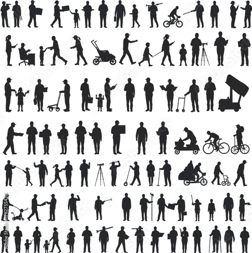 Silhouette people walking, families with children, strollers, wheelchairs, umbrellas, bicycles, scooters, cameras, everyday lifestyle, urban community social interaction illustration