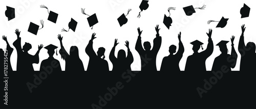 Slika na platnu Graduation celebration, students silhouette, cap toss, academic success, ceremon