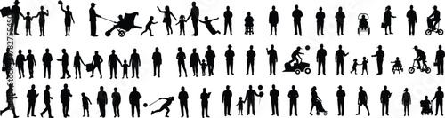 Silhouette people walking, families with children, strollers, wheelchairs, umbrellas, bicycles, buses, caregiving, everyday lifestyle, urban community social interaction illustration
