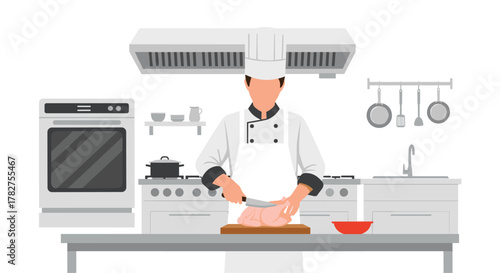Professional chef expertly preparing chicken at his restaurant kitchen, cutting meat for a delicious meal, culinary expert
