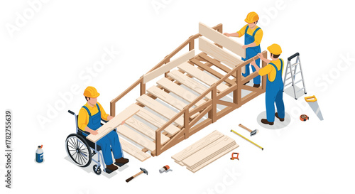 Dedicated construction team builds ramp for accessibility inclusion and teamwork in a bright studio setting