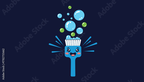 Adorable cartoon cleaning brush with happy face and bubbles, perfect for a fresh start and clean living concepts
