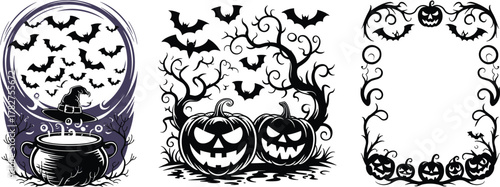 Halloween illustration set, spooky witch scene, scary pumpkins, flying bats, haunted forest, festive border design, vector art, holiday theme