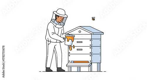 Beekeeper harvesting organic honey from hive in apiary, promoting sustainable agriculture and healthy lifestyle choices