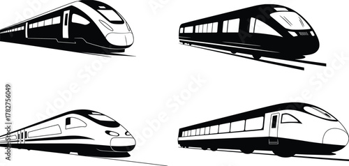 Modern train silhouettes, black and white vector, high-speed rail, commuter train, transportation design, engineering sketch, side view, sleek style, futuristic locomotive, railway illustration