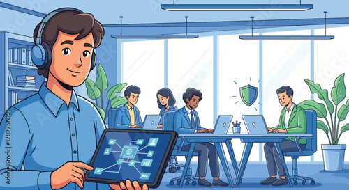 Modern team collaborating securely on digital network solutions in contemporary office setting for innovative tech company