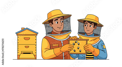 Dedicated beekeepers inspecting honeycomb frames near a beehive, fostering sustainable food production and environmental health