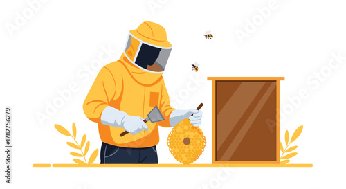 Beekeeper harvesting fresh organic honey from honeycomb, wearing protective suit, working with bees in apiary for sweet treat