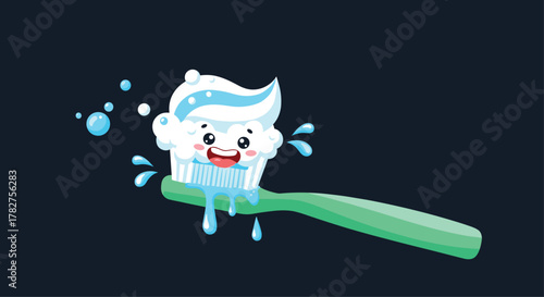 Happy toothpaste character on toothbrush promotes dental health and hygiene for a bright, healthy smile