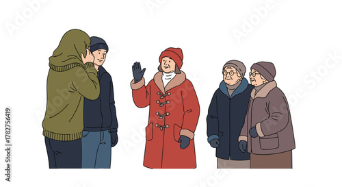 Catching up with family during the holidays and sharing secrets in the winter cold with warm coats and hats