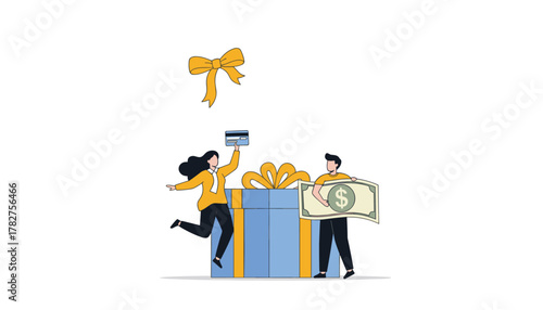 Excited woman jumping with credit card and man holding money near gift box for financial freedom and spending power