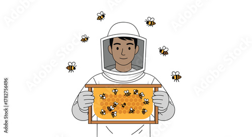 Beekeeper protecting bees in apiary, illustrating honey production and sustainable agriculture for educational resources
