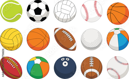 Sports ball vector set, tennis, soccer, basketball, baseball, volleyball, football, beach ball, golf, bowling, isolated clipart