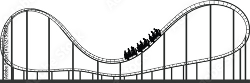 Roller coaster silhouette, amusement ride, vector illustration, side view, thrill ride, dynamic track, passengers in motion, physics concept, kinetic energy, gravity curve