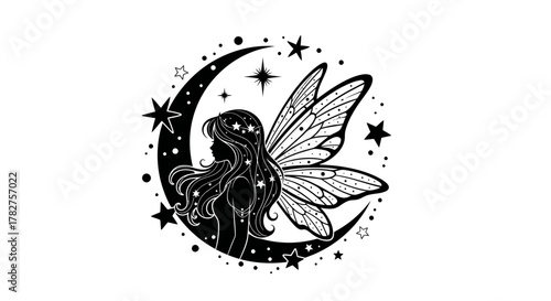 Enchanting fairy silhouette with intricate wings and flowing hair gracefully resting on a starry crescent moon design