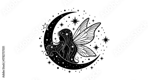 Fairy silhouette sitting on crescent moon with twinkling stars, magical celestial fantasy graphic art illustration.